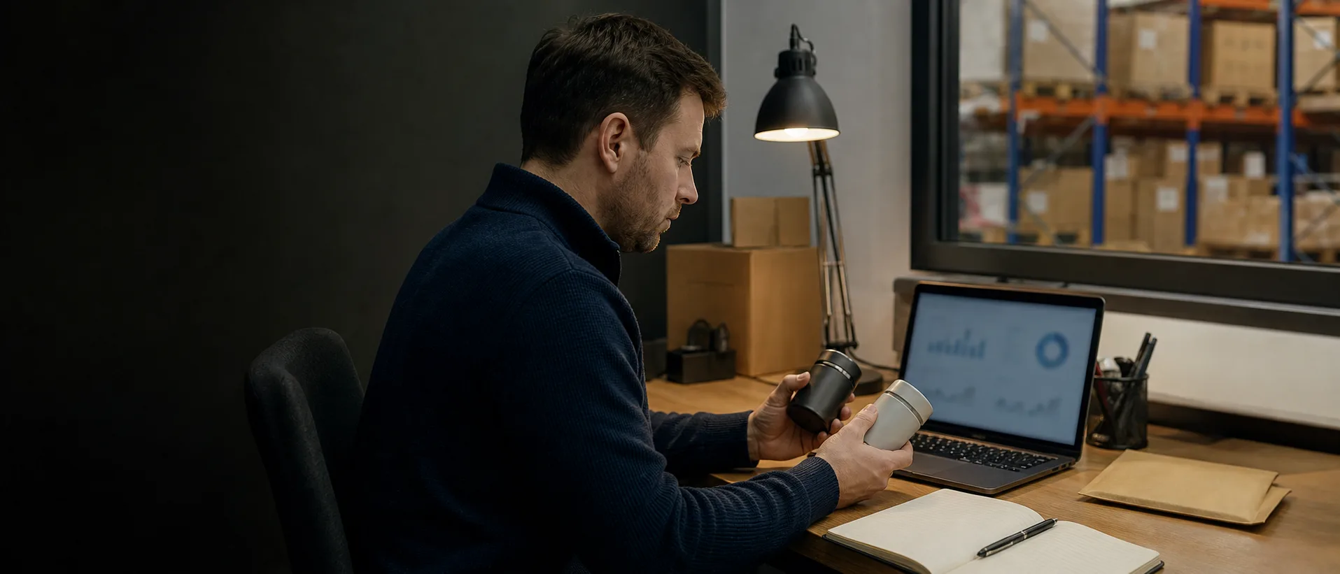 E-commerce specialist comparing sample products with data on a laptop