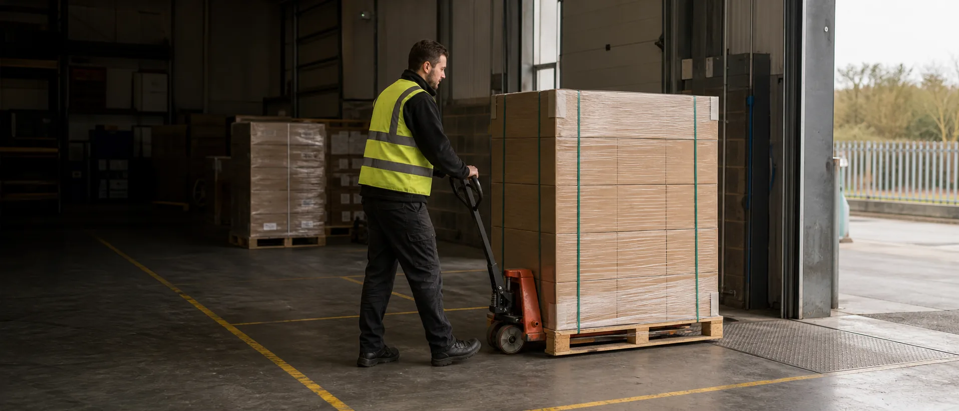 Warehouse operative preparing pallets with a pallet truck at the dispatch bay