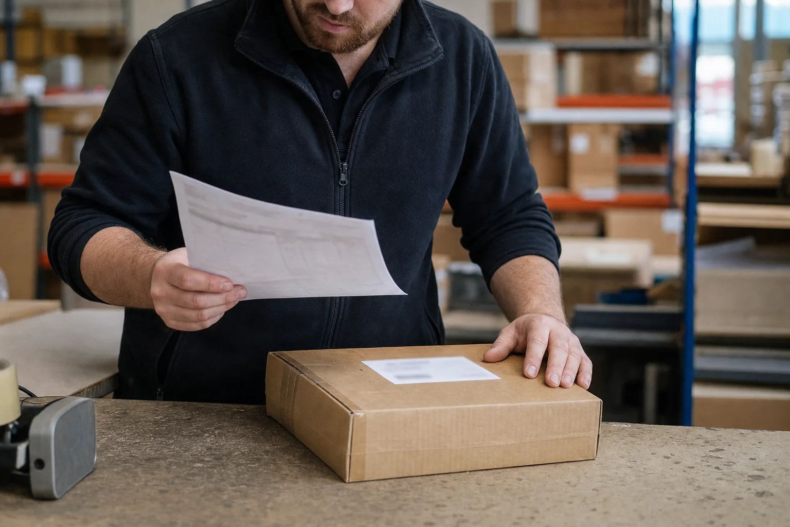 Fulfilment coordinator checking parcel details against an order form