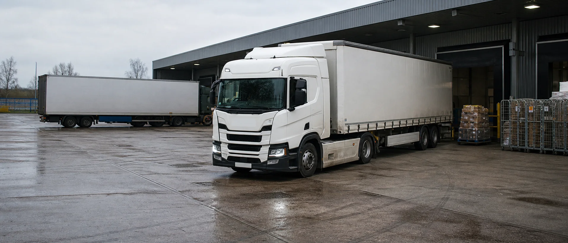 Unbranded independent-carrier lorries leaving a dispatch yard