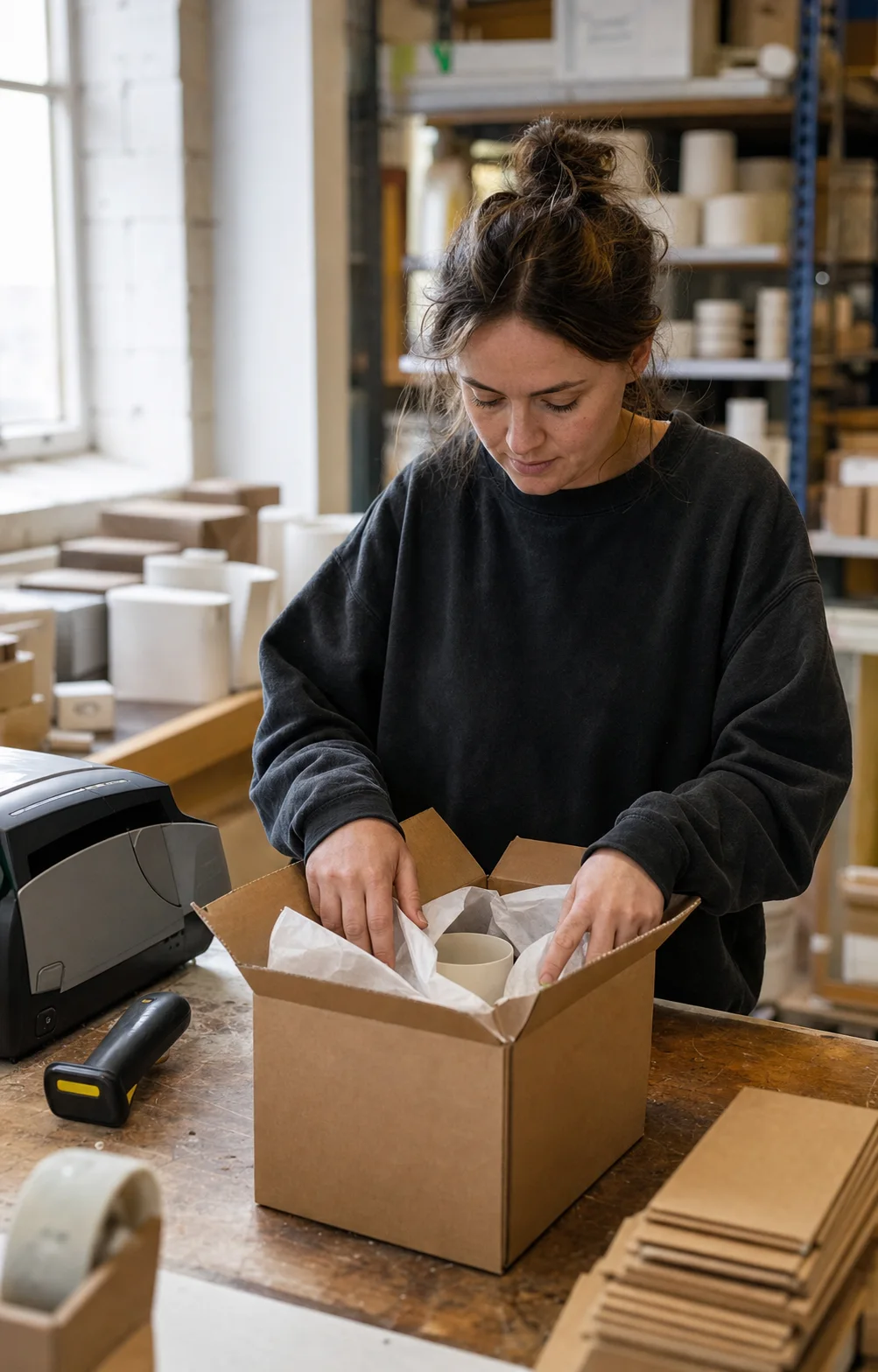 Fulfilment operative packing a customer order with protective paper
