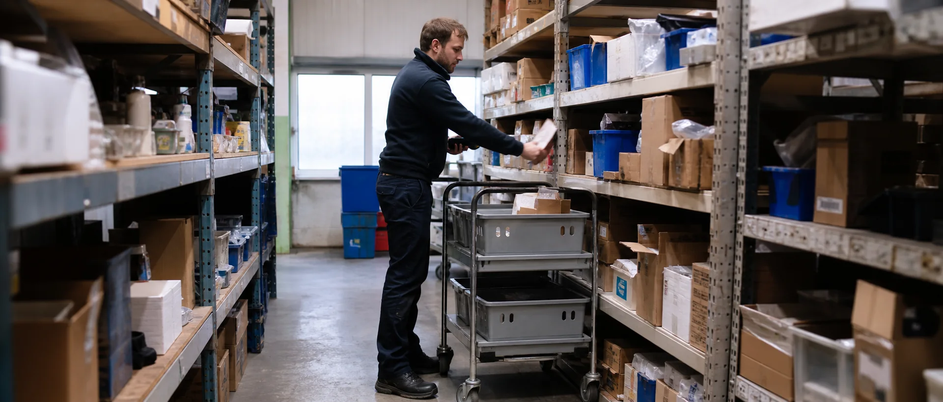 Warehouse operative placing an item into an order-picking trolley