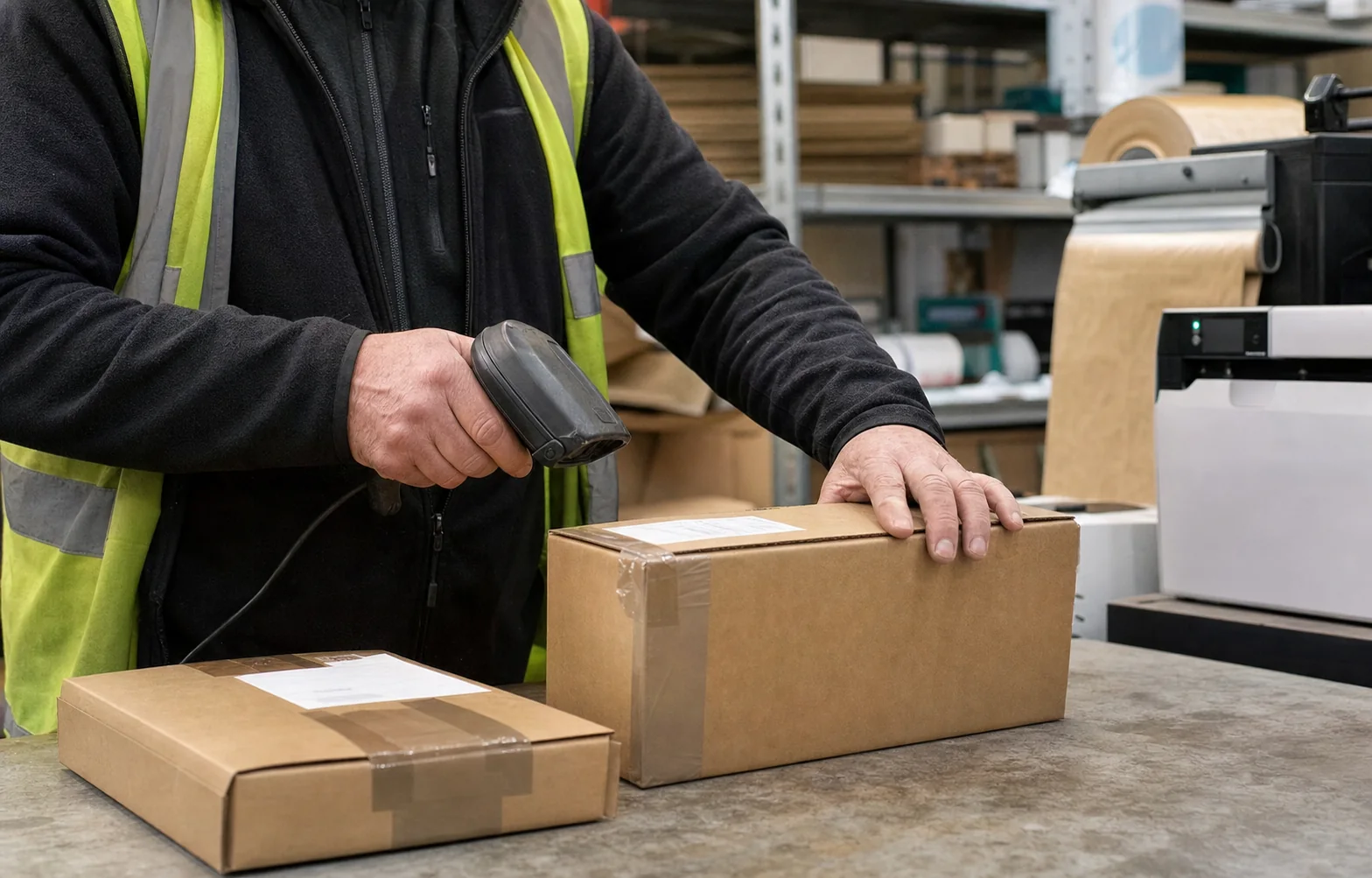 Warehouse operative checking the barcode on a prepared carton with a handheld scanner