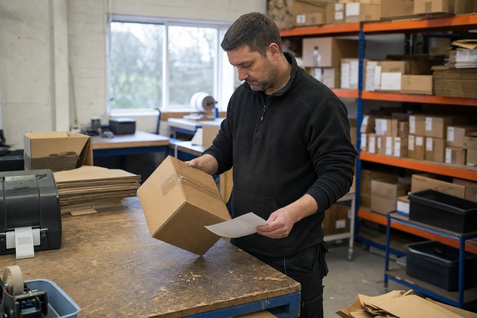 Paket ve sipariş listesini çalışma tezgâhında kontrol eden fulfilment koordinatörü