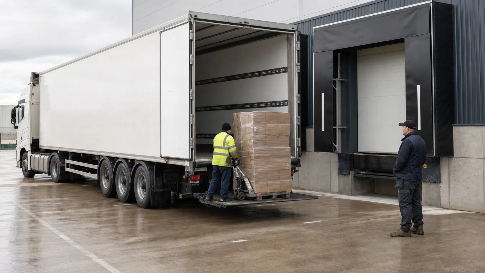 Warehouse operative handing a palletised shipment to an unbranded independent-carrier vehicle