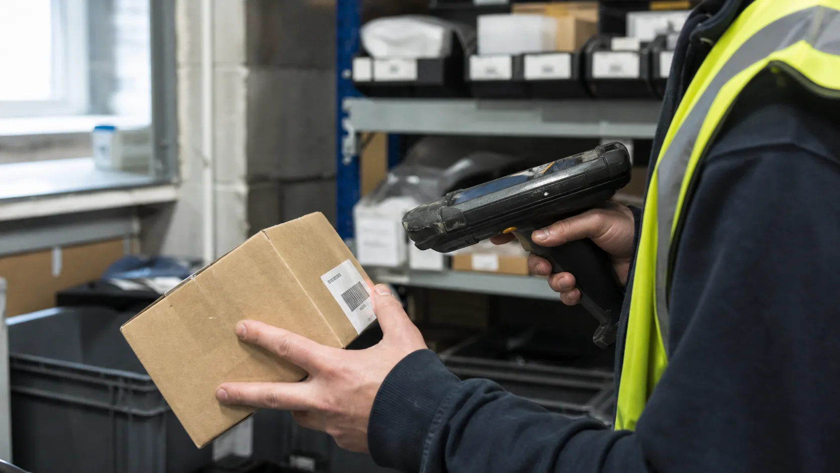 Stok sayımı sırasında koli barkodunu el terminaliyle okutan depo çalışanı