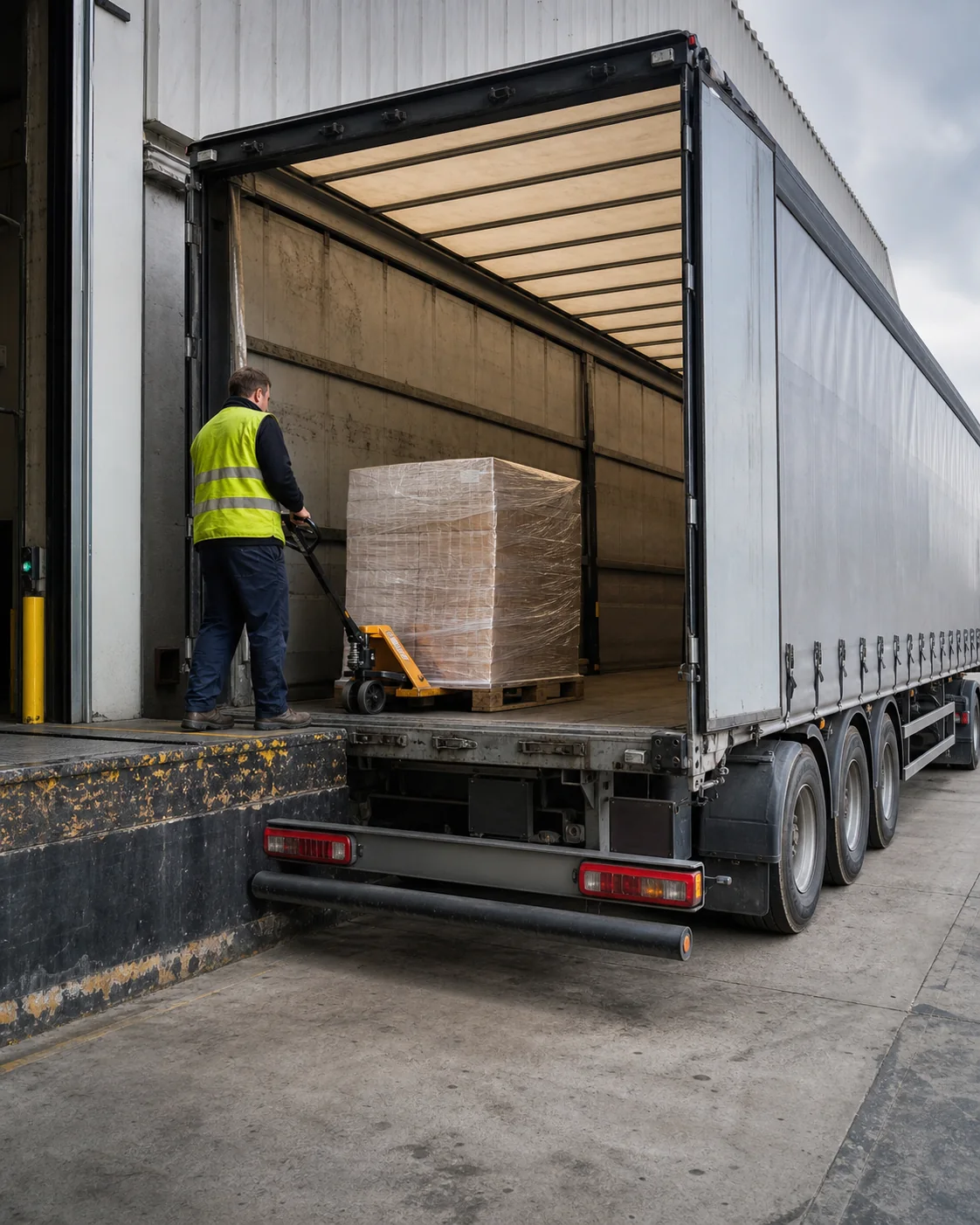 Warehouse operative unloading a pallet from an unbranded supplier carrier vehicle
