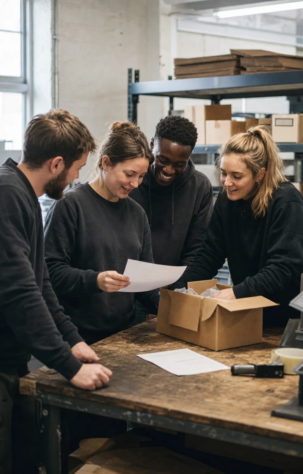 Representative fulfilment team reviewing the order workflow together at a packing bench
